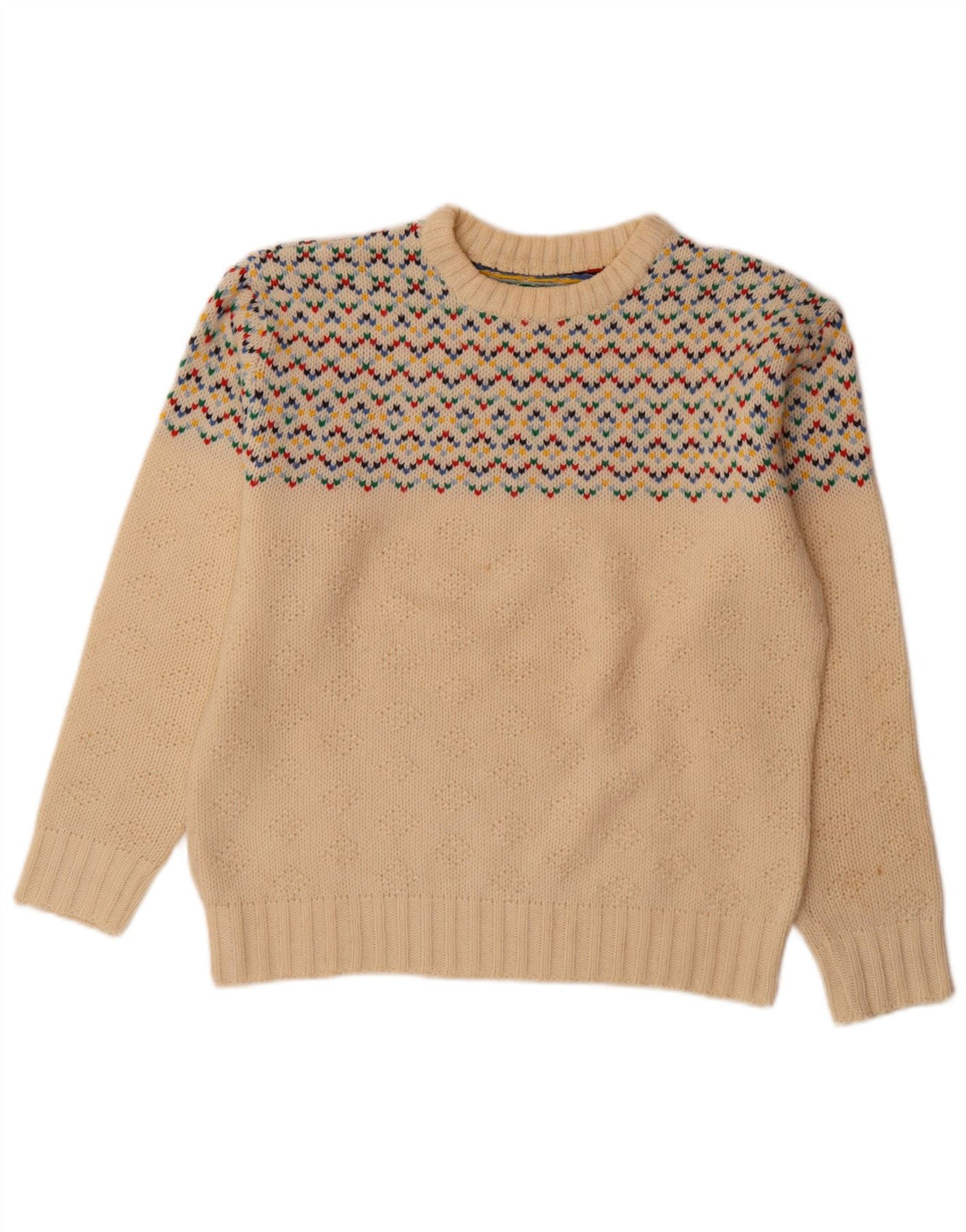 vintage Mens Crew Neck Jumper Pull Moyen Off White Fair Isle