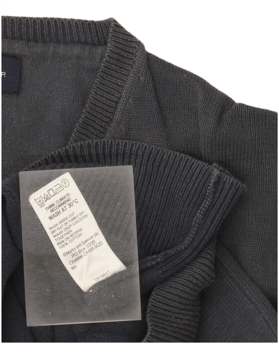 Marks & Spencer Pull col en V pour femme UK 14 Bleu marine moyen Coton