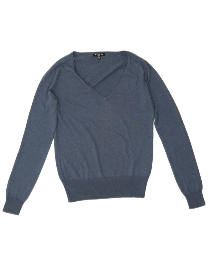 Massimo Dutti Pull col V pour femme UK 12 Bleu moyen Soie