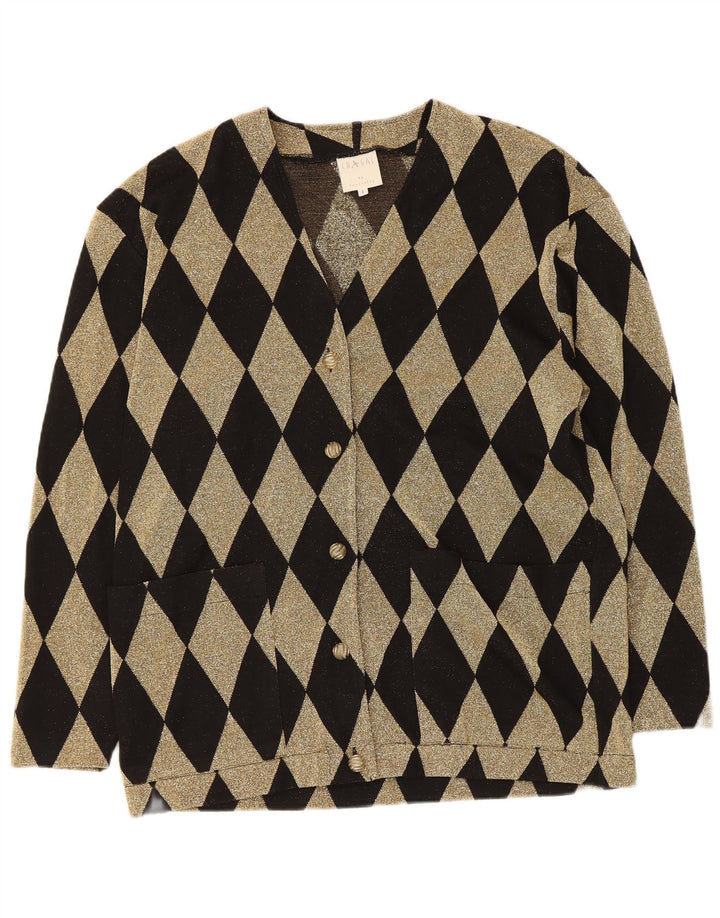 vintage Womens Oversize Cardigan Sweater UK 16 Grand Noir Argyle/Diamant