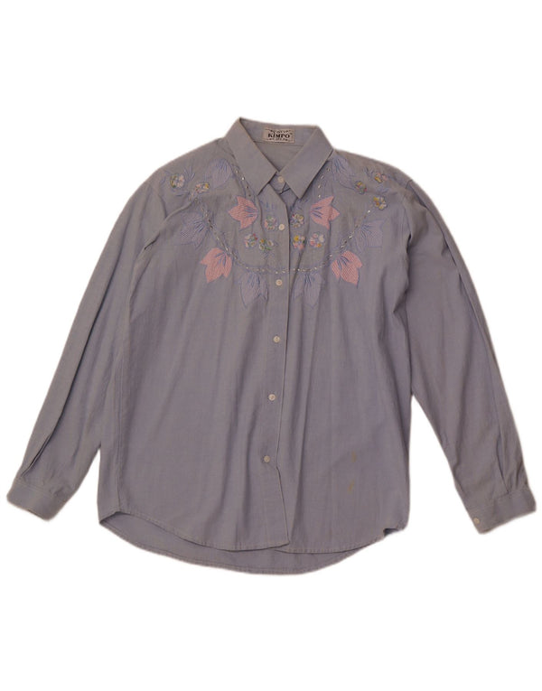 VINTAGE Chemise Femme UK 18 XL Bleu Floral Coton Rétro