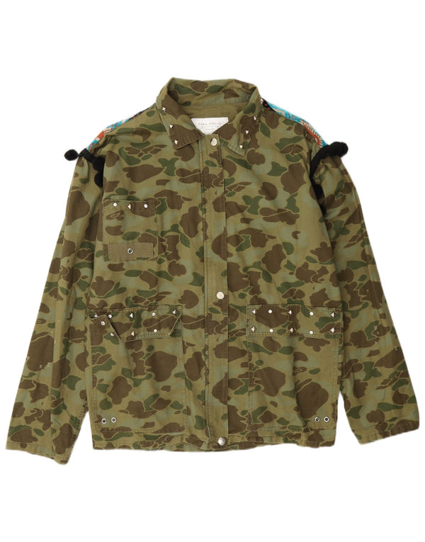 Zara Veste militaire surdimensionnée pour femme UK 6 XS Kaki Camouflage Coton