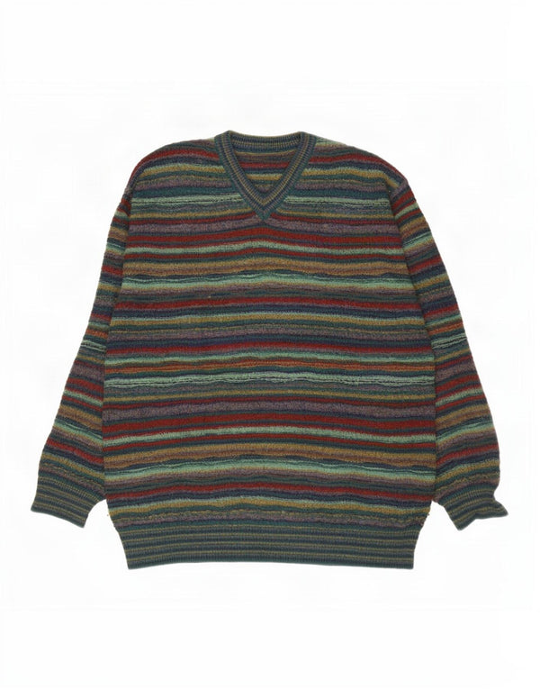 vintage Mens V-Col Jumper Pull Grande laine rayée verte