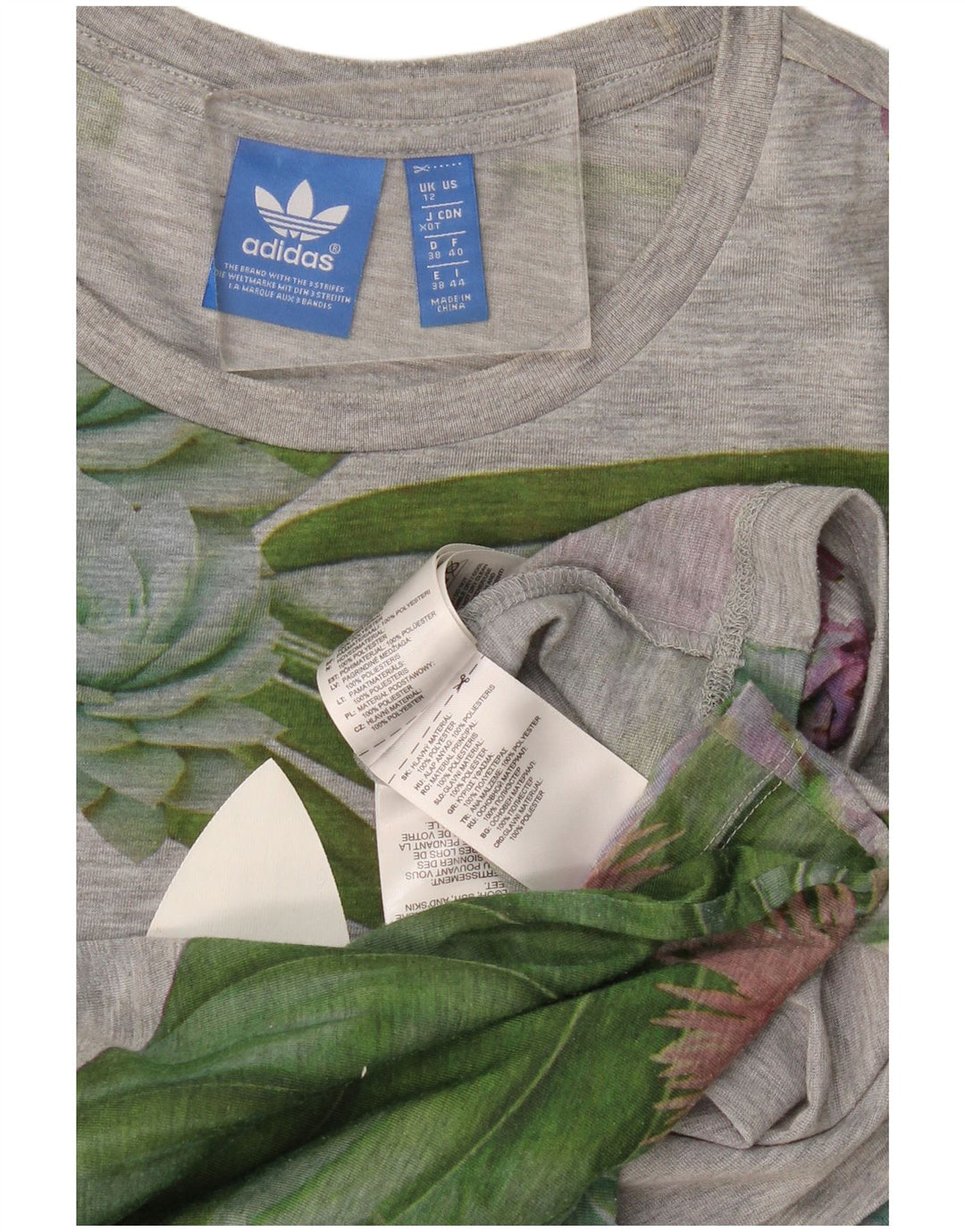 Adidas T-shirt graphique pour femme UK 12 Gris moyen Floral Polyester