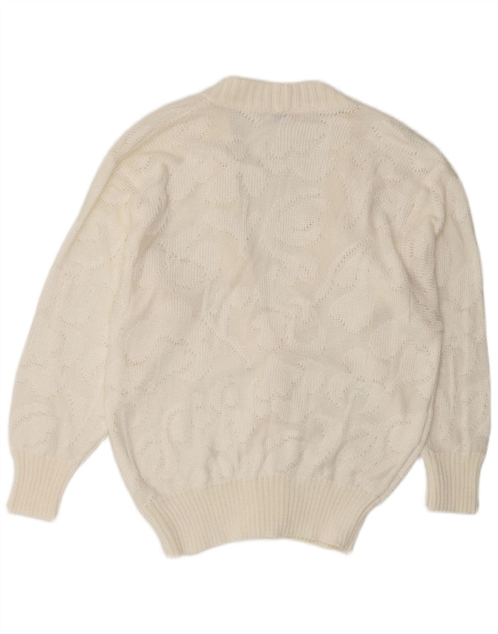 vintage Femme Cardigan Pull IT 46 Grand Acrylique Blanc