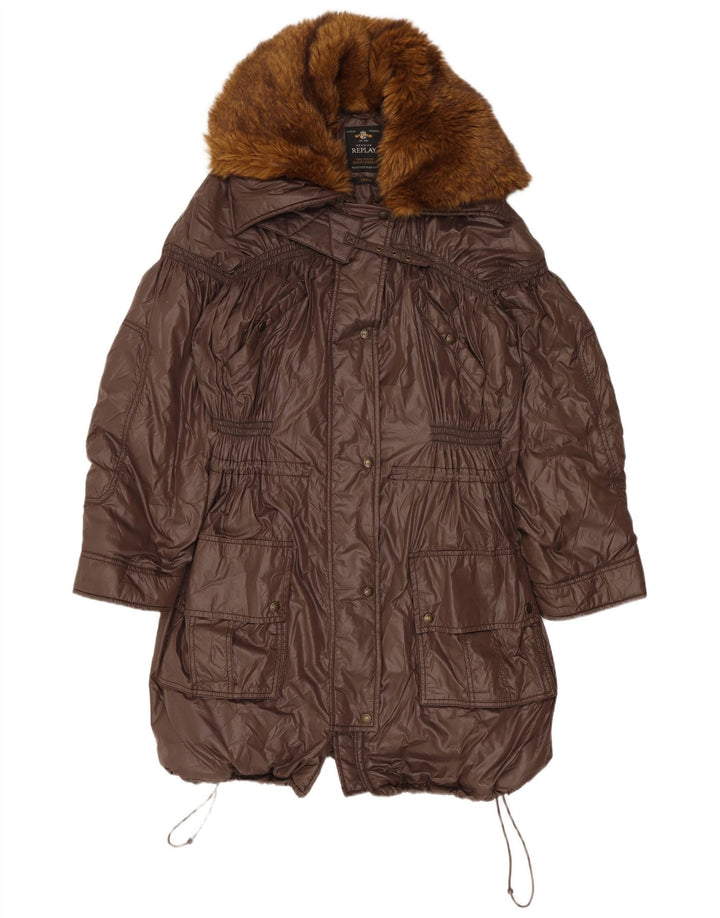 Replay Manteau coupe-vent surdimensionné à capuche pour femme UK 10 Small Marron Polyamide