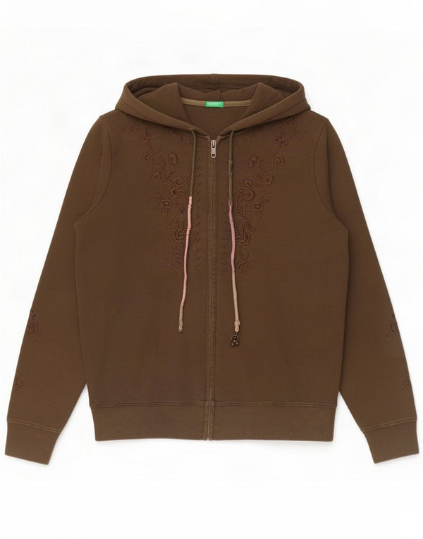 Benetton Pull à capuche zippé surdimensionné pour femme UK 10 Petit Marron Coton