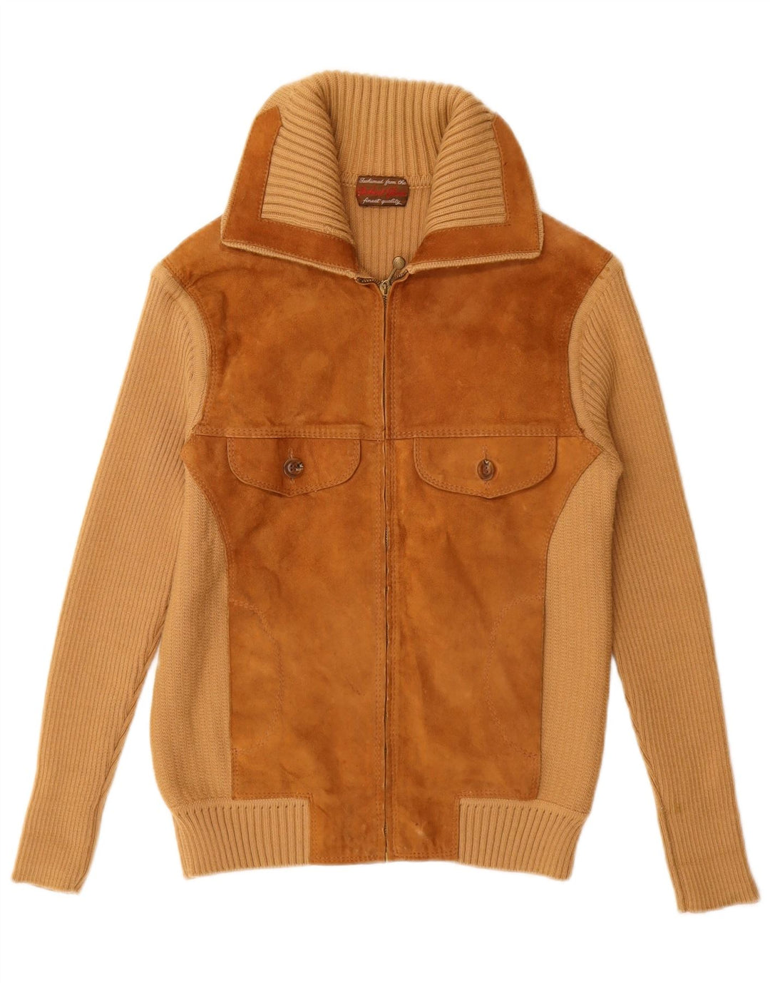 VINTAGE Femme Daim Cardigan Pull UK 12 Beige Moyen Colorblock