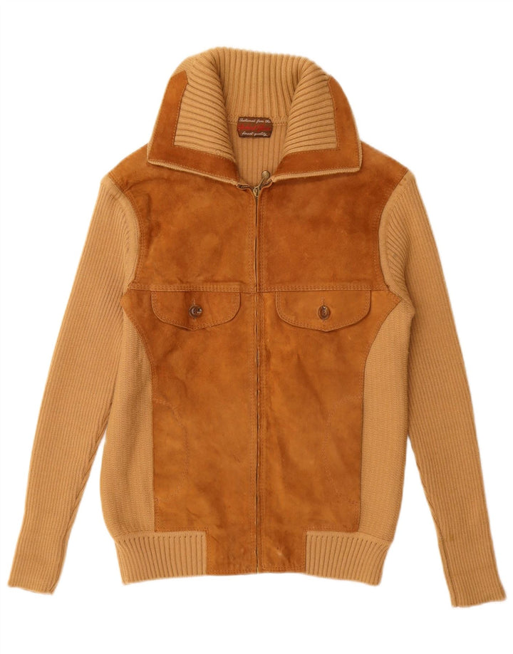 VINTAGE Femme Daim Cardigan Pull UK 12 Beige Moyen Colorblock