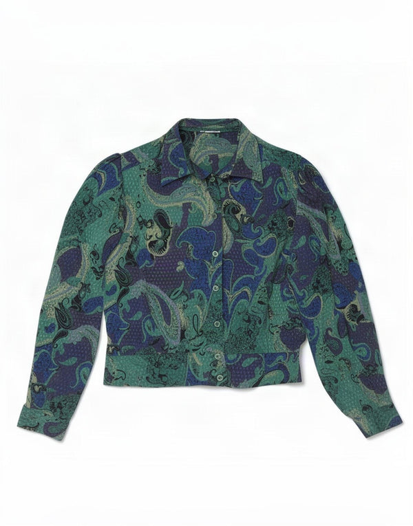Chemisier chemise femme vintage UK 12 Paisley vert moyen
