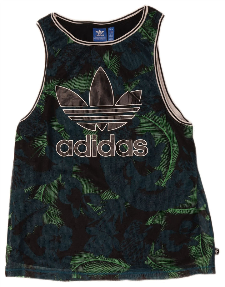 Adidas Femmes Graphique Débardeur UK 8 Petit Noir Floral Polyester