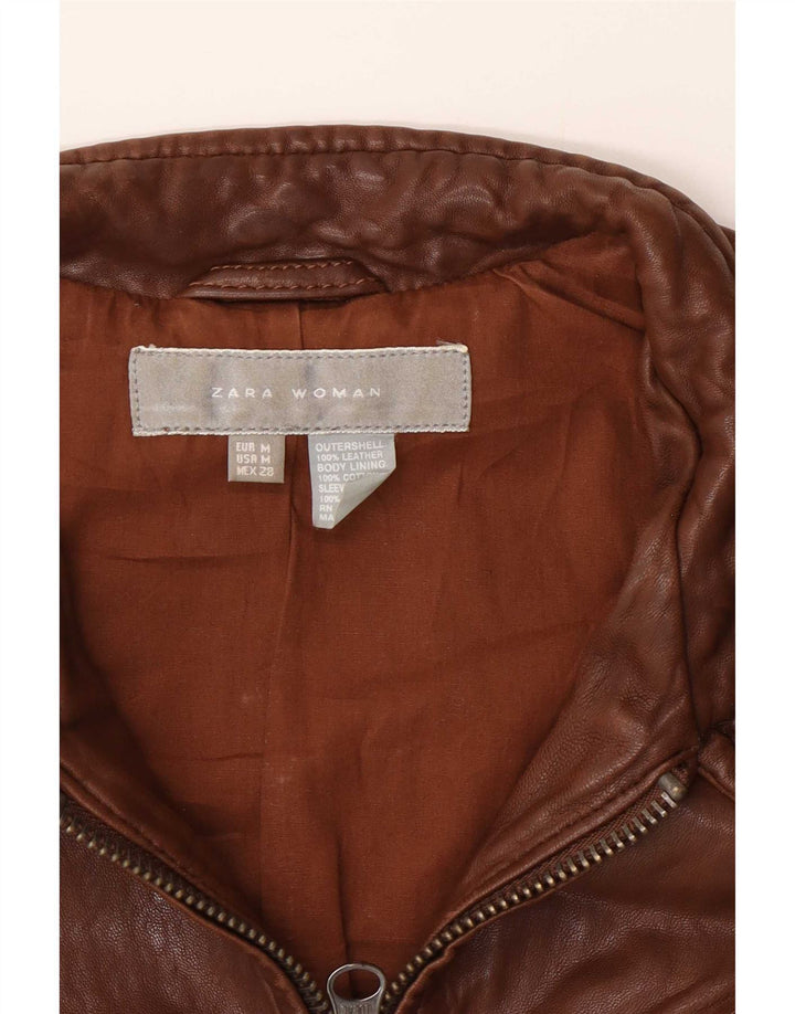 Zara Veste de motard en cuir pour femme UK 12 Marron moyen