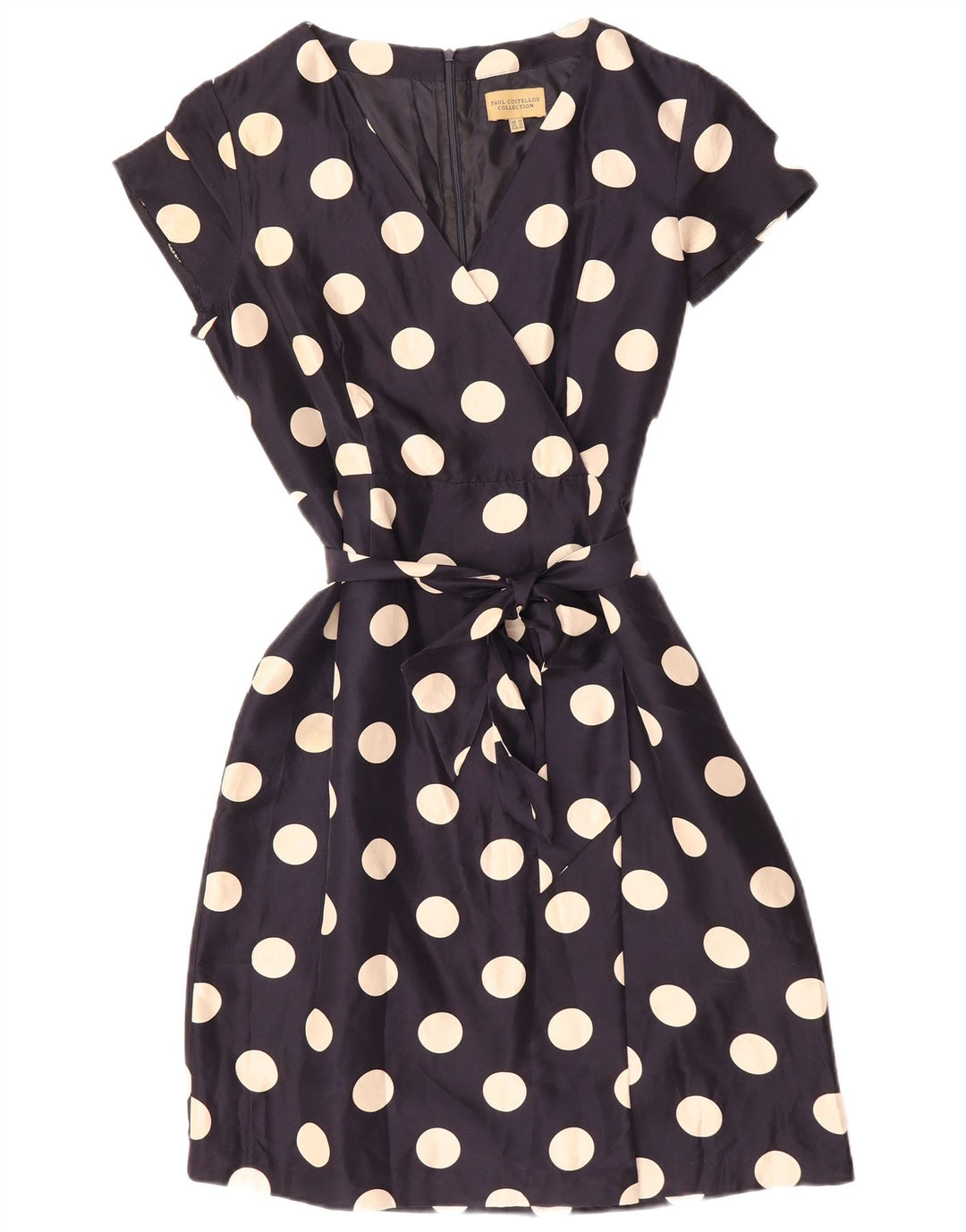 PAUL COSTELLOE Robe trapèze pour femme UK 16 Grande soie à pois bleu marine