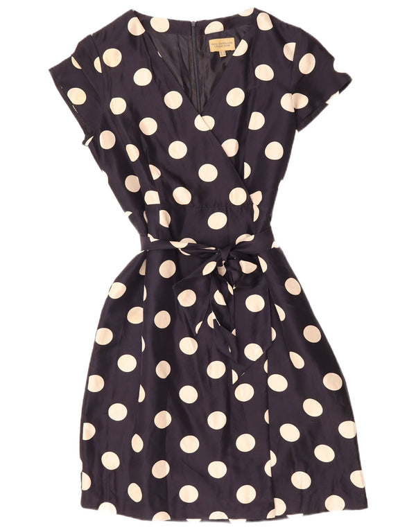 PAUL COSTELLOE Robe trapèze pour femme UK 16 Grande soie à pois bleu marine