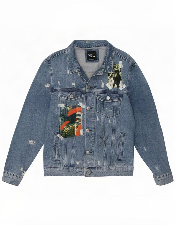 Zara Mens Artist Graphic Distressed Denim Jacket UK 42 Grand Bleu Patchwork