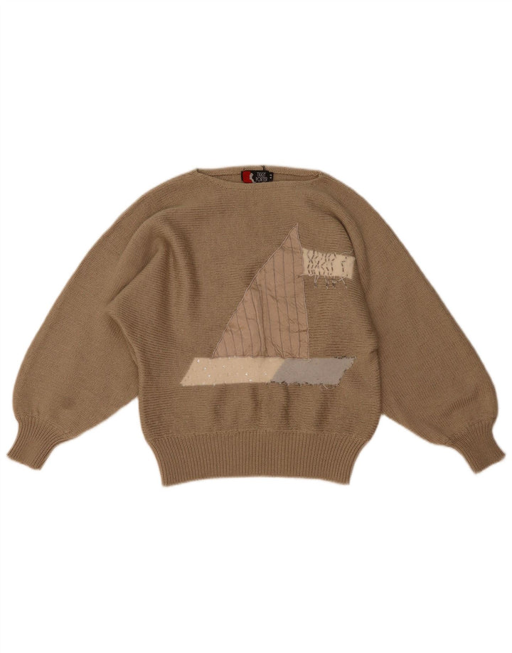 vintage Femme Graphique Col Bateau Pull Pull IT 42 Brun Moyen