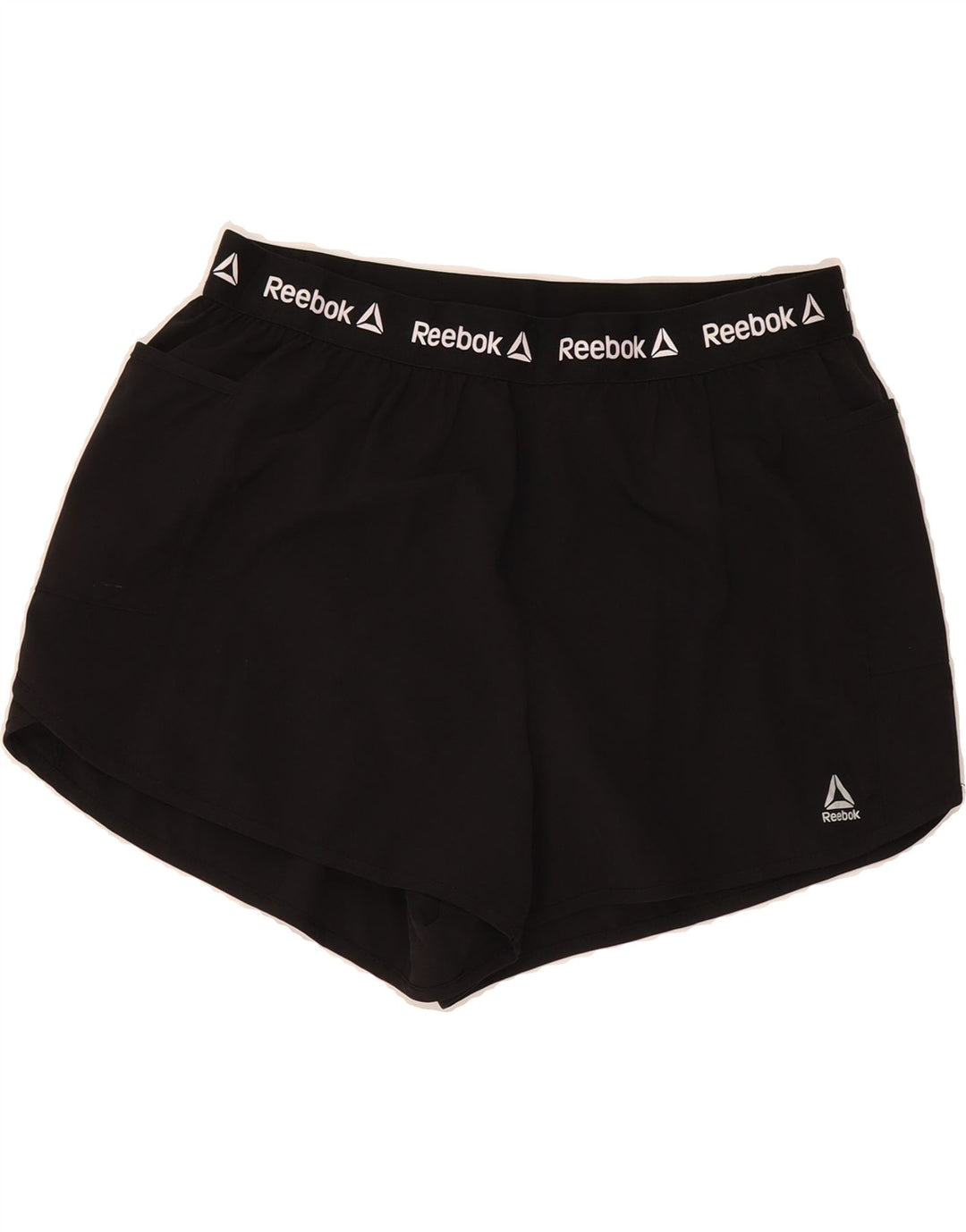 REEBOK Womens Graphic Sport Shorts UK 14 Large Black Vintage Reebok and Second-Hand Reebok from Messina Hembry 