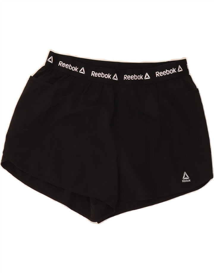 REEBOK Womens Graphic Sport Shorts UK 14 Large Black Vintage Reebok and Second-Hand Reebok from Messina Hembry 