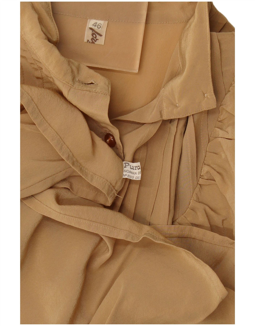 vintage Femmes Manches Longues Volant Avant Blouse Top IT 46 Grande Soie Beige