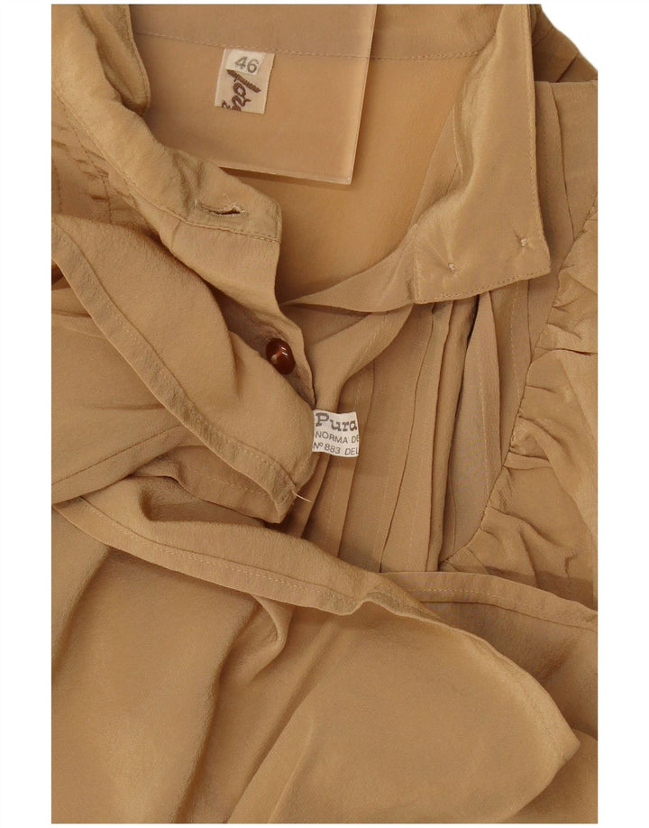 vintage Femmes Manches Longues Volant Avant Blouse Top IT 46 Grande Soie Beige