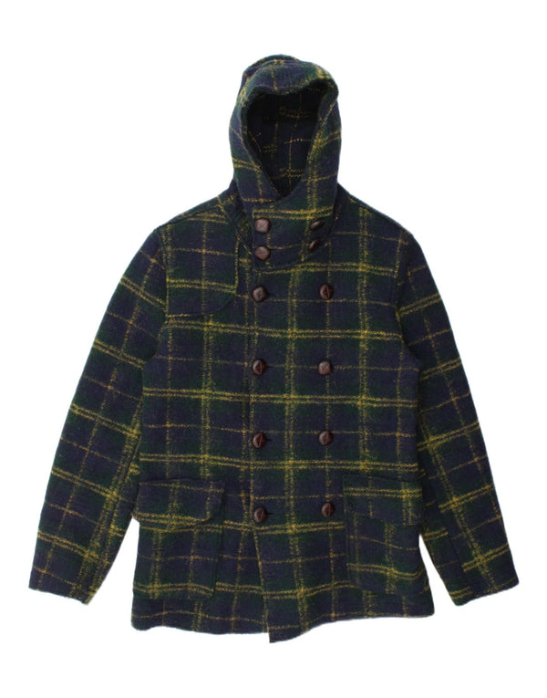 vintage Mens Knit Hooded Double Breasted Coat UK 38 Moyen Bleu Marine Check