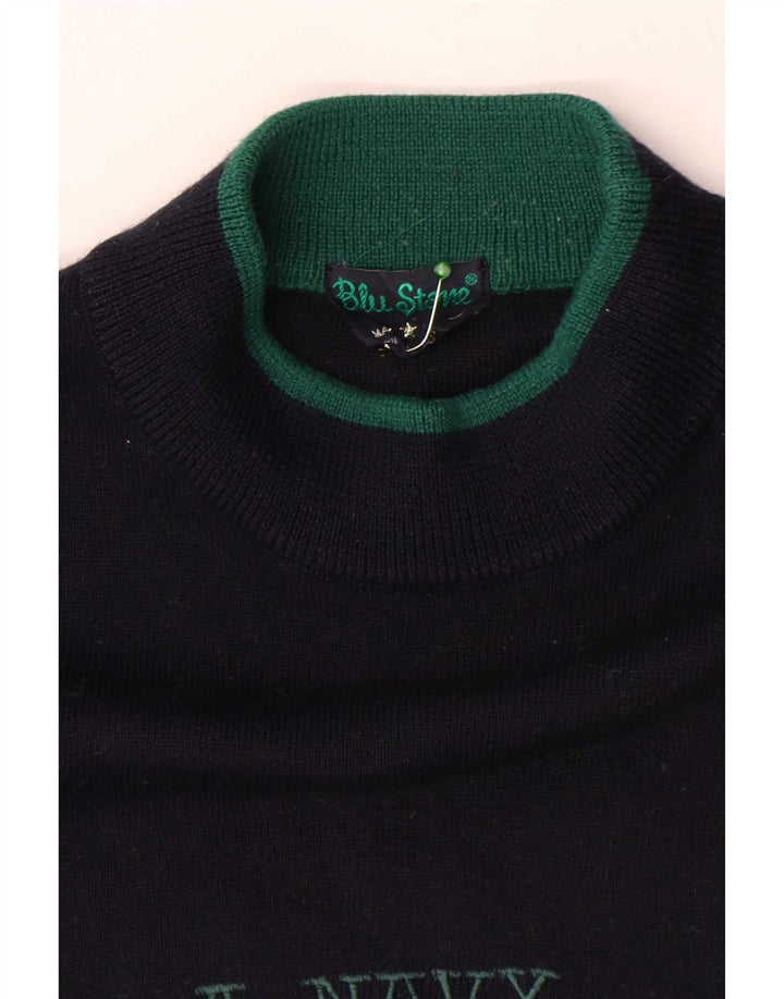 vintage Mens Graphic Turtle Neck Jumper Pull Grand Bleu Marine