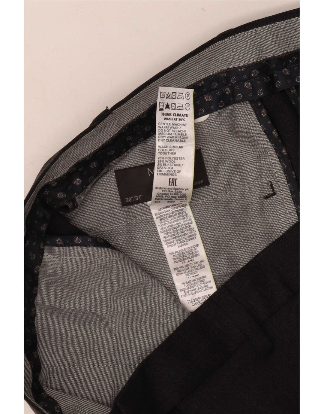 Marks & Spencer Pantalon de Costume Droit Homme W38 L31 Gris Polyester