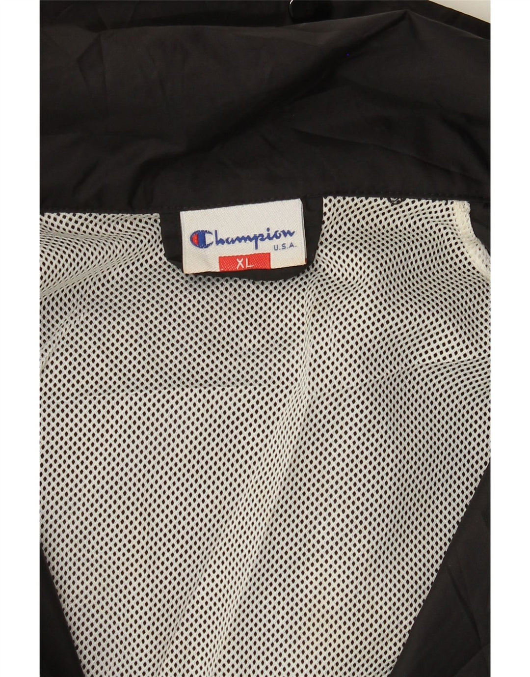 CHAMPION Mens Graphic Hooded Rain Jacket UK 42 XL Black Polyamide Vintage Champion and Second-Hand Champion from Messina Hembry 