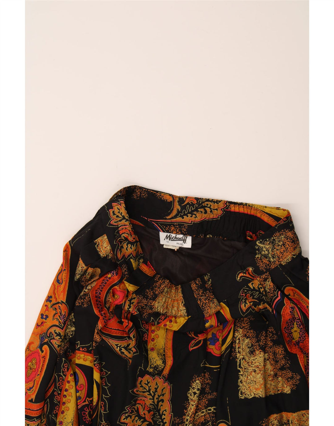 MICHAEL H Womens Pleated Skirt UK 12 Medium W28 Black Paisley Polyester Vintage Michael H and Second-Hand Michael H from Messina Hembry 