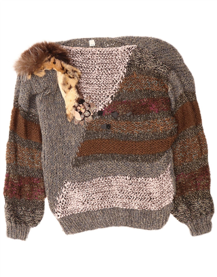 VINTAGE Pull col bateau femme EU 40/42 Gris moyen Colourblock