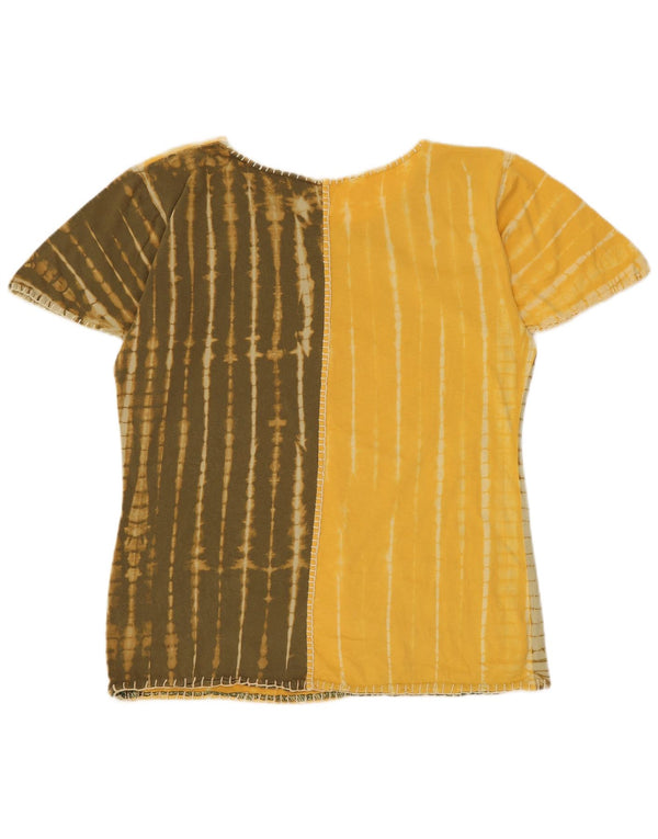 vintage Femmes Graphique T-Shirt Top UK 14 Moyen Jaune Tie Dye Coton