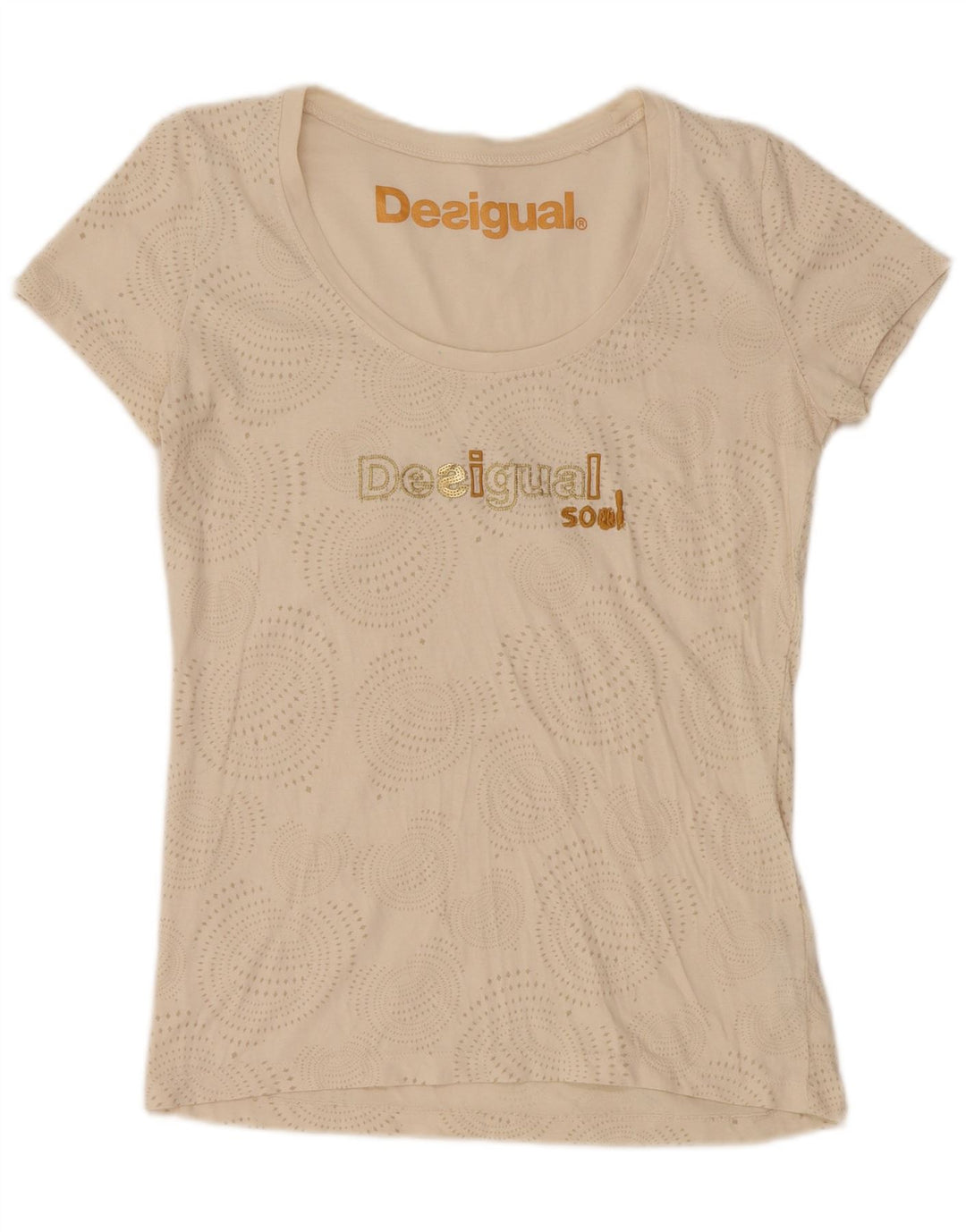 DESIGUAL T-shirt graphique pour femme UK 14 Grand coton à pois beige
