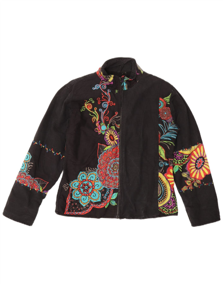 VINTAGE Veste coupe-vent femme UK 14 Medium Black Floral