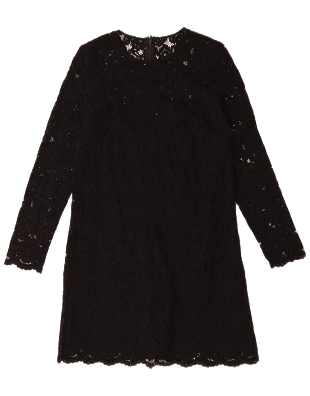 vintage Femmes Manches Longues Shift Robe UK 12 Moyen Noir Floral Polyester