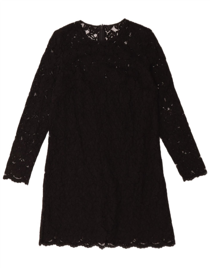 vintage Femmes Manches Longues Shift Robe UK 12 Moyen Noir Floral Polyester