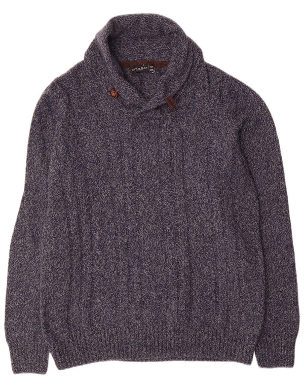 Zara Pull à col châle pour homme en laine mouchetée bleu marine