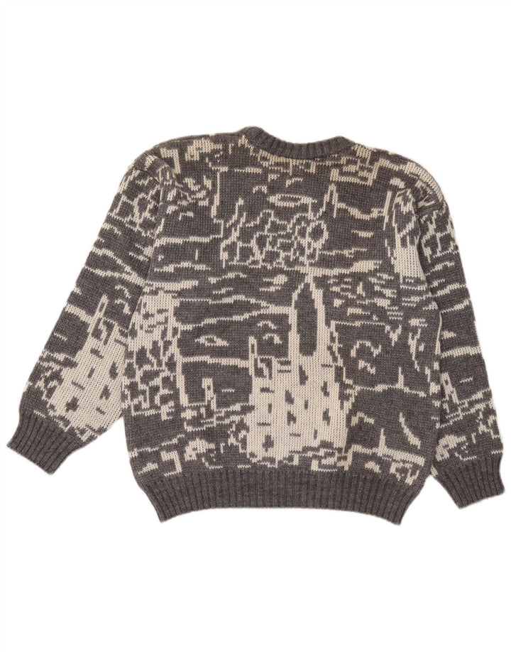 vintage Mens Abstract Pattern Crew Neck Jumper Pull Petit Gris