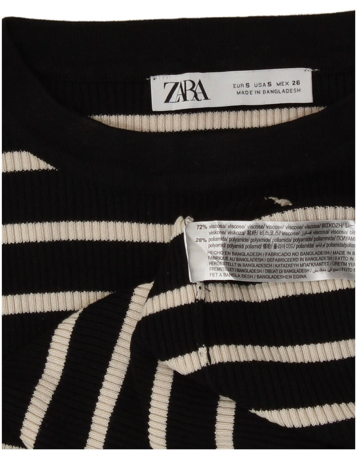 Zara Femme Top Manches Longues UK 10 Petite Viscose Rayée Noire