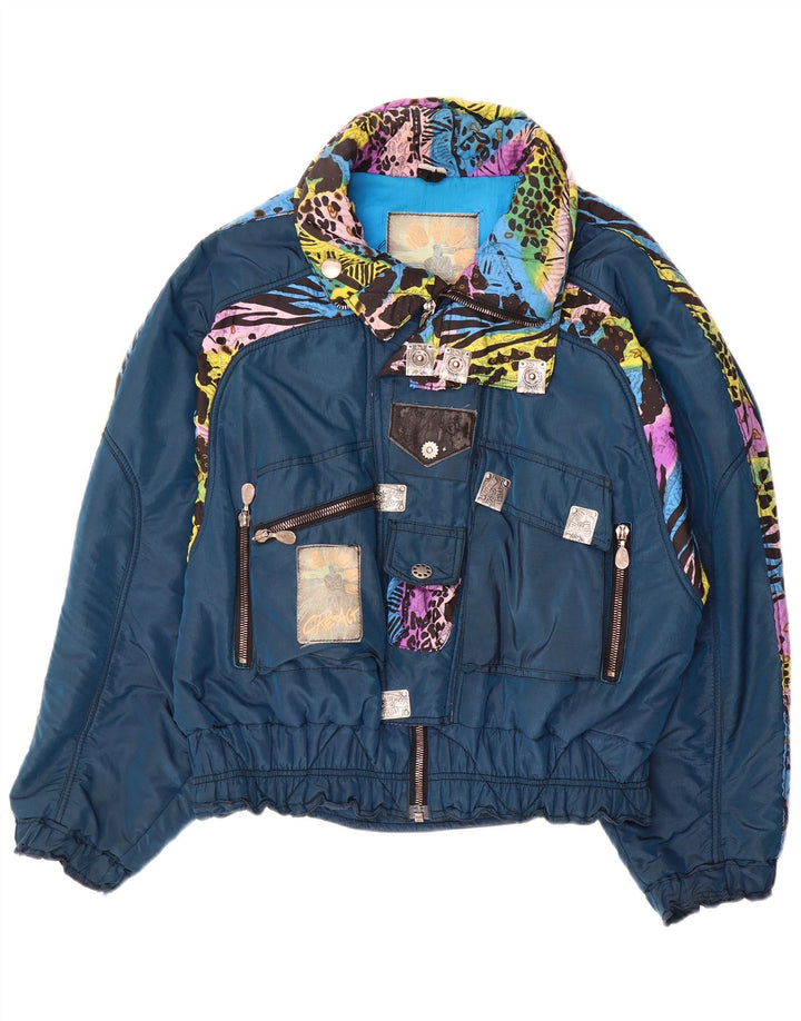 veste de ski surdimensionnée femme vintage IT 52 2XL Blue Animal Print Polyamide