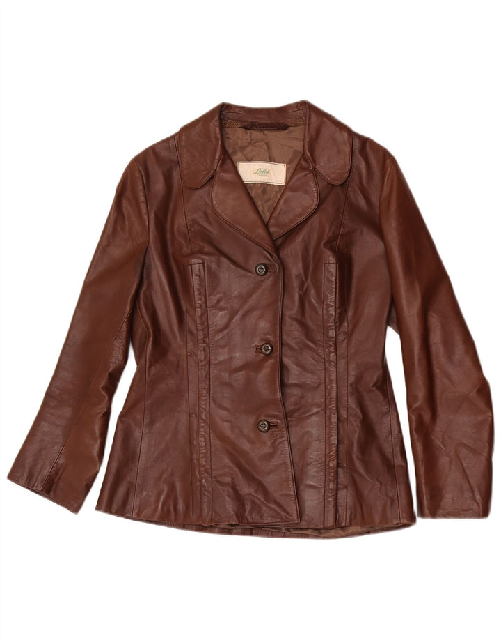 vintage Femme 3 Boutons Veste Blazer En Cuir UK 12 Brun Moyen