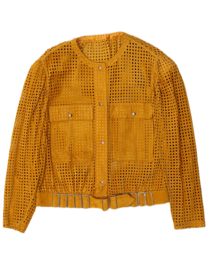VINTAGE Femme Voir à travers la veste en daim UK 14 Cuir jaune moyen