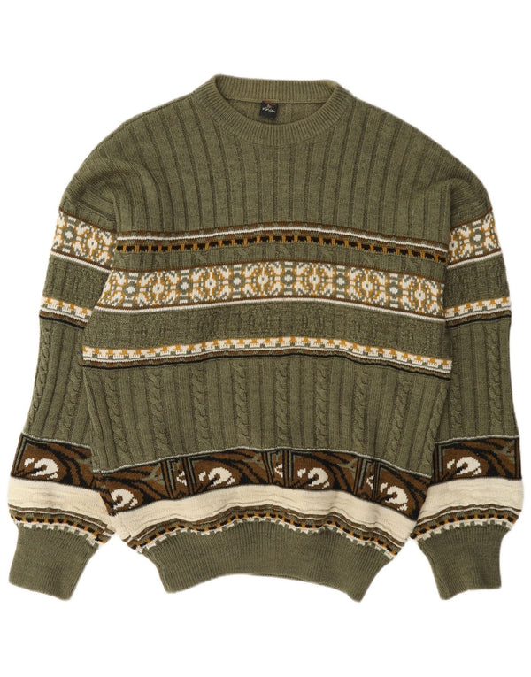 vintage Mens Crew Neck Jumper Pull Moyen Vert Fair Isle