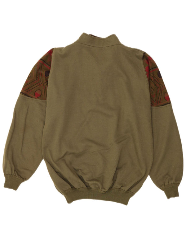 vintage Mens Graphic Zip Neck Sweatshirt Jumper Grand Kaki Géométrique