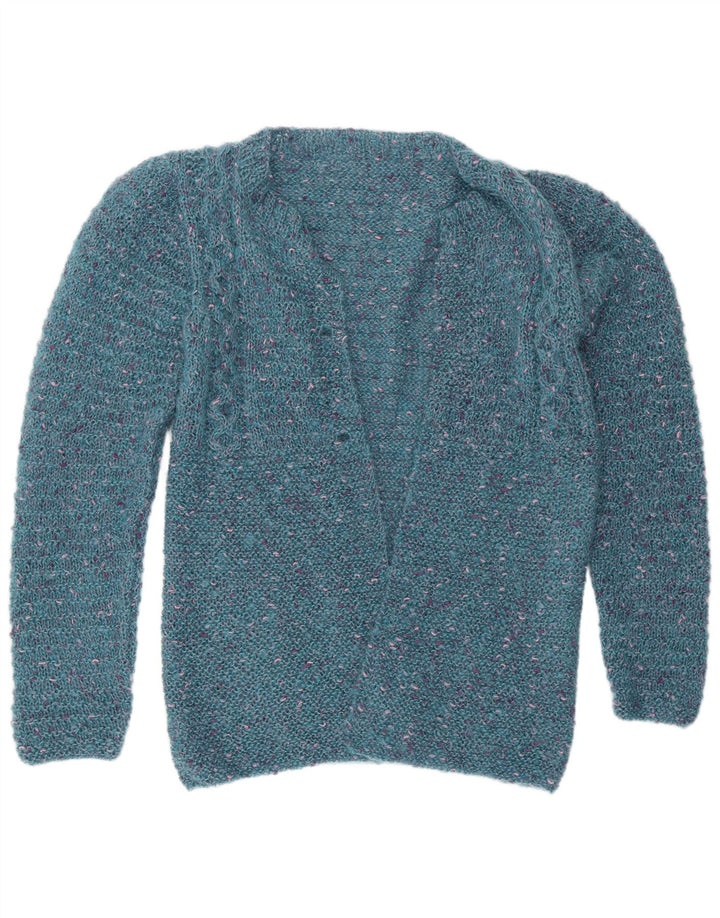 vintage Womens Open Cardigan Sweater UK 12 Bleu Moyen Moucheté