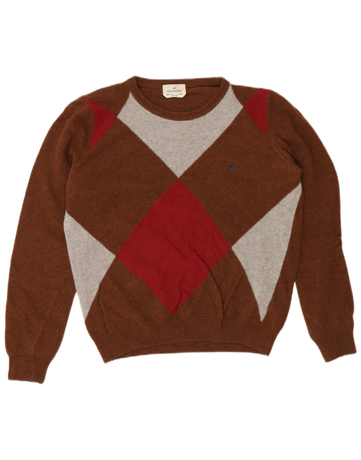 Brooksfield Pull à col rond pour homme IT 50 Marron moyen Argyle/Diamant