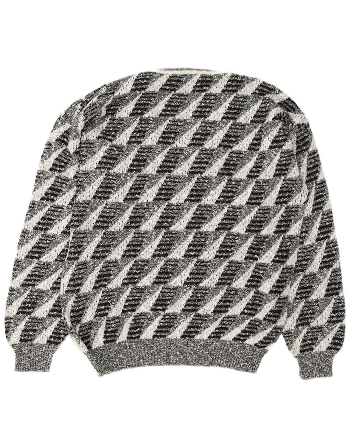 vintage Mens V-Col Jumper Pull Grand Gris Géométrique