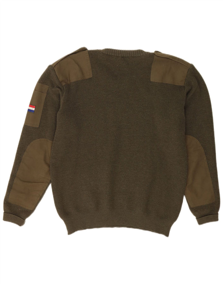 VINTAGE Homme Militaire Crew Neck Jumper Pull Grande Laine Vierge Kaki