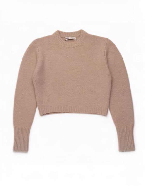 Zara Womens Crop Crew Neck Jumper Sweater UK 10 Petit Gris Acrylique