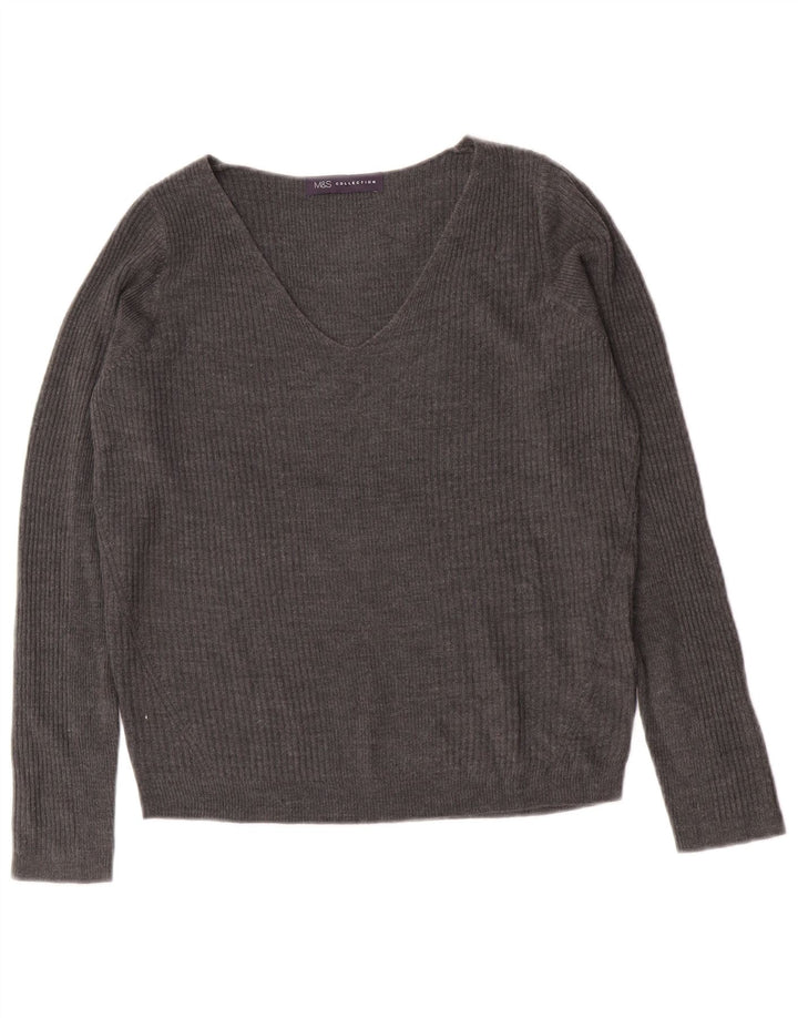 Marks & Spencer Pull col en V pour femme UK 8 Small Gris Acrylique