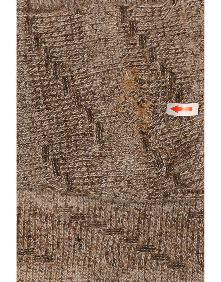 vintage Womens Button Neck Jumper Pull UK 16 Grande laine rayée brune